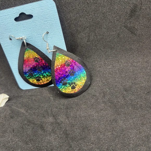 Hand Crafted Faux Leather Rainbow Teardrop Earrings with Paw Prints - Picture 4 of 5
